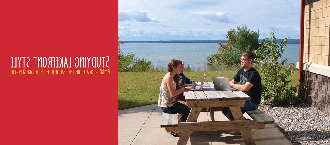Studying Lakefront Style picnic table overlooking the lake during warm summer day